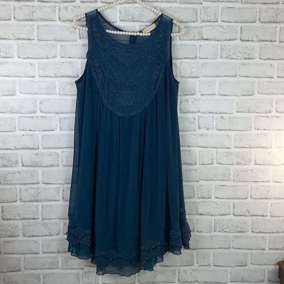 Altar’d State Sheer Sleeveless Flowing Dress Lace Detailing Blue Size Large - Picture 12 of 12